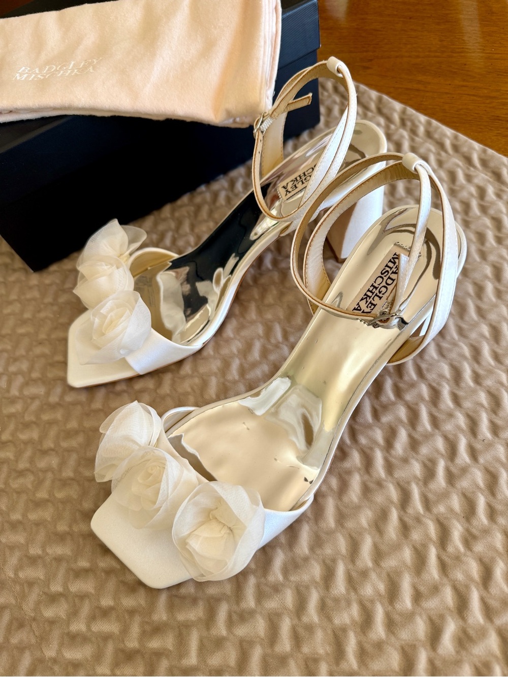 Badgley Mischka Ivory Satin Floral Ankle-Strap Block Heels